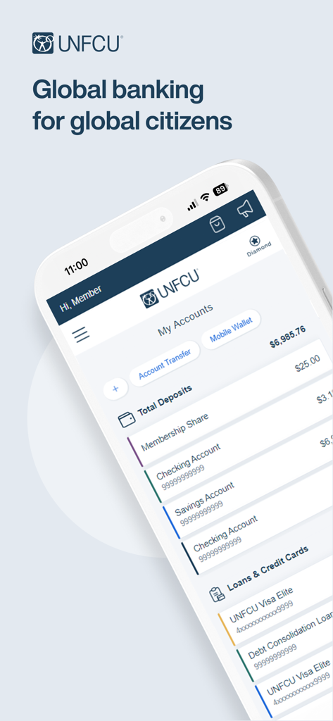 The UNFCU Digital Banking mobile app dashboard showing account totals and loan lists.
