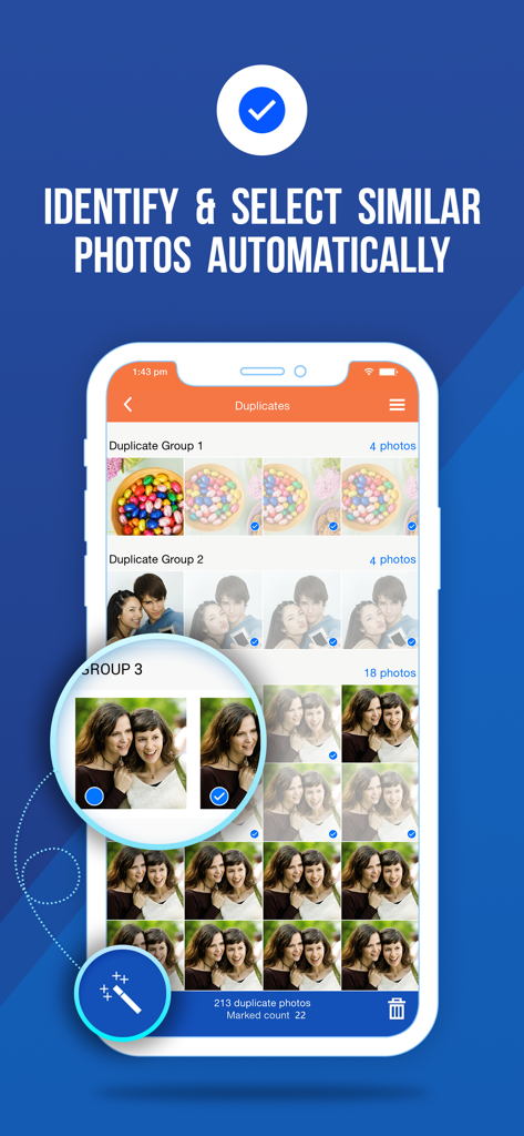 Duplicate Photos Fixer - Screenshot of the Duplicate Photos Fixer app identifying and selecting similar photos automatically