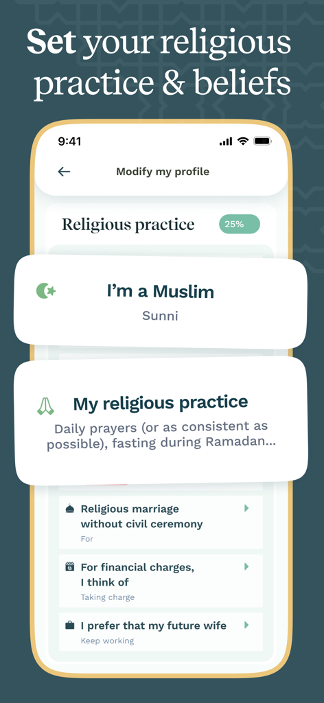 Mashallah: Halal Muslim dating - Mashallahアプリのインターフェースに、ムスリムの出会い系プロフィールで宗教的実践と信仰を設定するための画面が表示されている