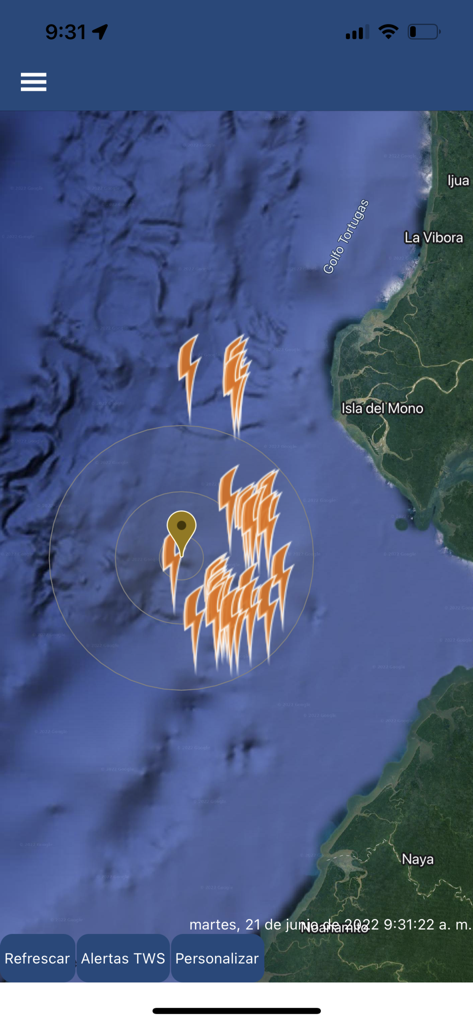 Keraunos Life Preserver - Real time lightning tracking map with proximity circles in the Keraunos Life Preserver app