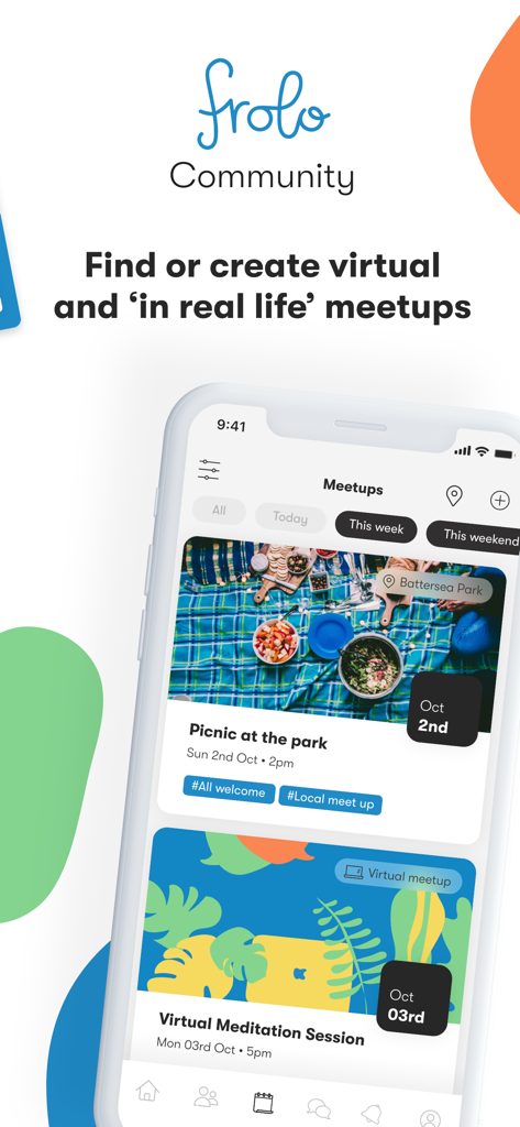 Interface of the Frolo app showing a list of virtual and in person community meetups for single parents