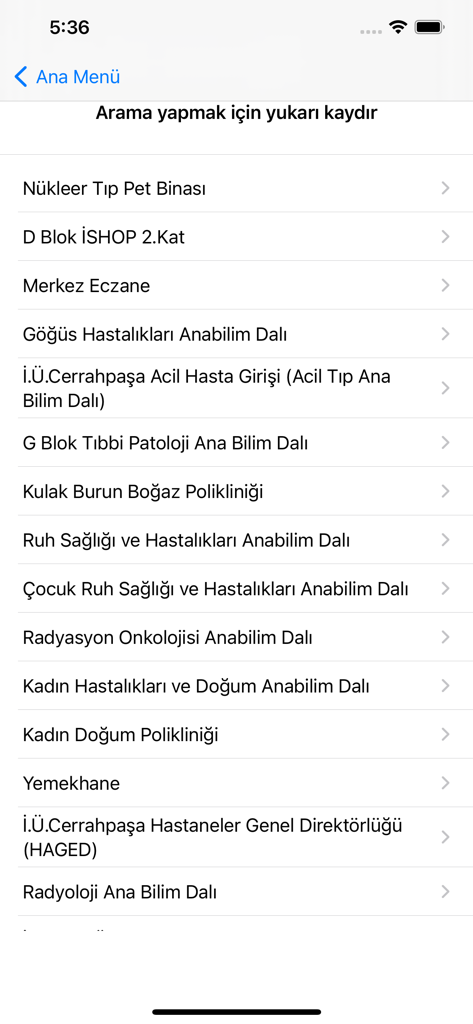 List of medical departments and clinic locations in the IU-Cerrahpasa mobile app