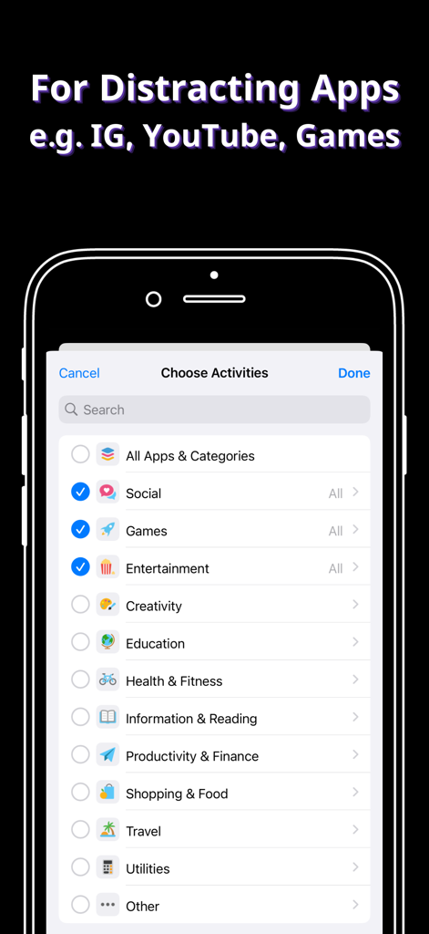 CloseReels: Reduce Scrolling - Interfaz para seleccionar apps y categorías que distraen como Redes Sociales, Juegos y Entretenimiento para bloquear su uso.