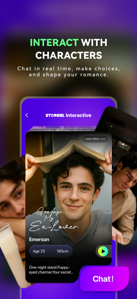 Interfaz de la aplicación StoReel que muestra la función de personajes interactivos con un perfil de personaje masculino y un botón de chat.