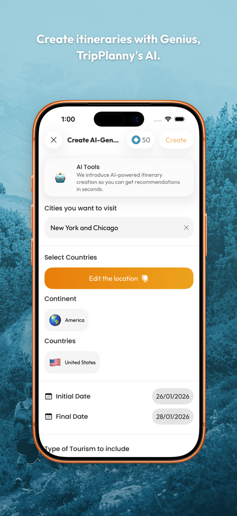 TripPlanny: Plan your trip - Pantalla de iPhone que muestra la aplicación TripPlanny utilizando IA para crear un itinerario de viaje para Nueva York y Chicago.