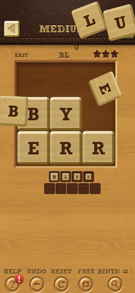 Words Crush: Hidden Words! - A gameplay screenshot of Words Crush: Hidden Words! showing a word search puzzle with wooden letter tiles and the word BLUE solved.