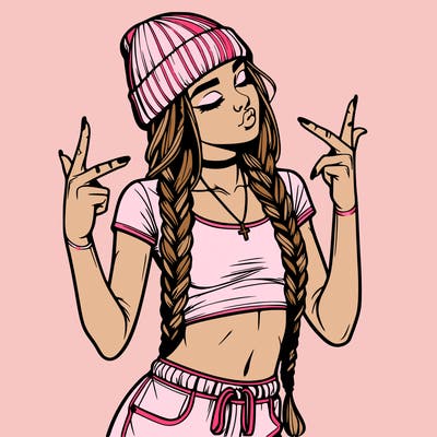 realistic teenage girl with braids and a beanie and crop top doing 🫶🏼