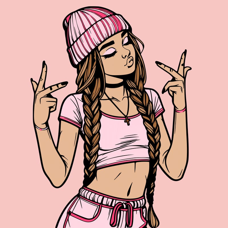 realistic teenage girl with braids and a beanie and crop top doing 🫶🏼