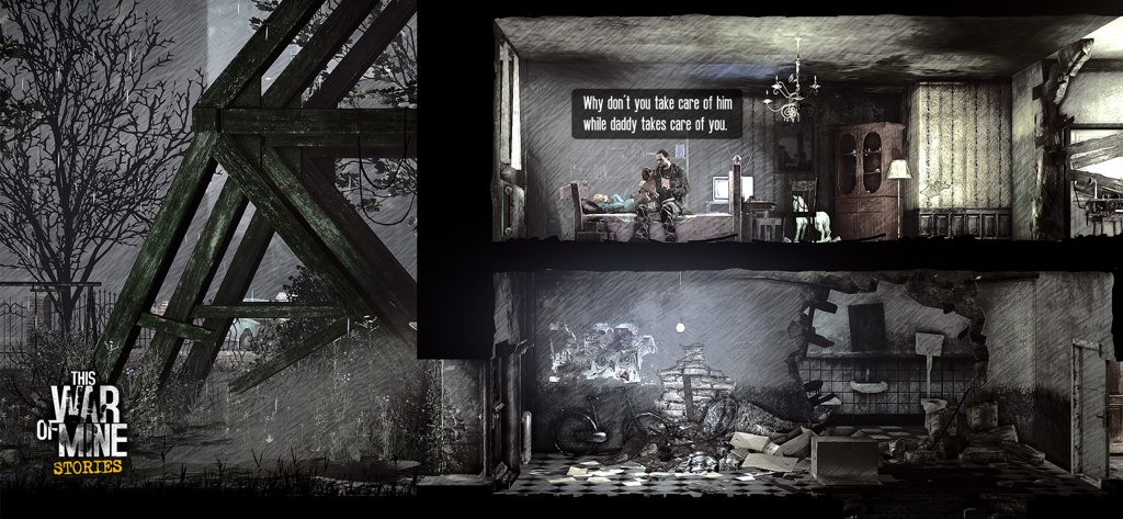 This War of Mine: Stories - Um pai cuidando de seu filho dentro de um apartamento em ruínas em This War of Mine Stories Father's Promise.