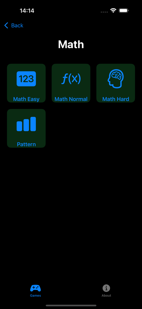 Fun Verse - Fun Verse app math game category screen featuring easy normal and hard difficulty levels and pattern puzzles