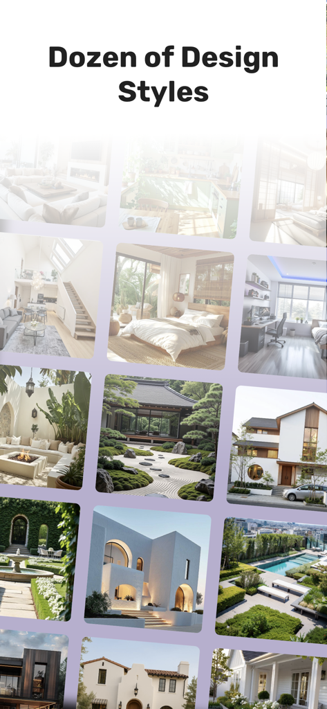 AI Home Designer - Interivo - Grid showing a variety of AI generated interior and exterior home design styles