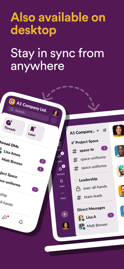 Slack for EMM interface showing seamless synchronization between mobile and desktop devices