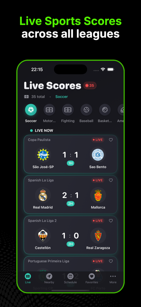 DRM - Live Sports Score & News - Live soccer scores and match results on the DRM sports app interface