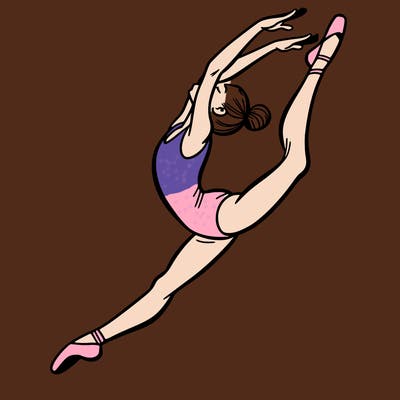 gymnast doing a leap in a leotard with a bent back leg