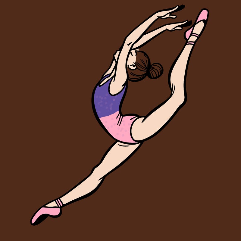 gymnast doing a leap in a leotard with a bent back leg