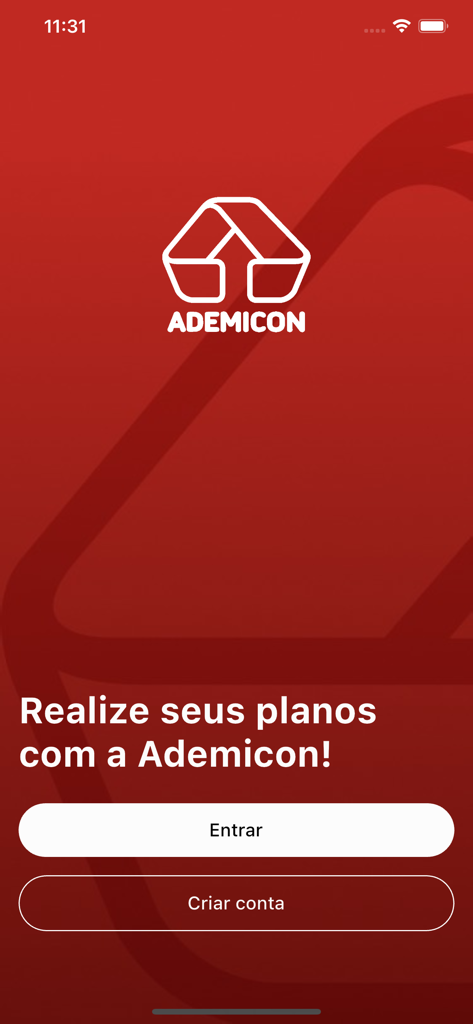 Ademicon - Ademicon app welcome screen with options to login or create an account on a red background