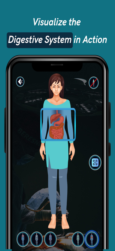 X-Ray Camera- X Ray Vision sca - Una pantalla de aplicación de smartphone que muestra una visualización interactiva del sistema digestivo humano en un personaje femenino.
