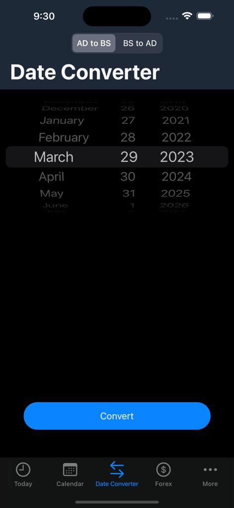 Mero Patro - Nepali Calendar - Datumskonverter-Oberfläche in der Mero Patro App zum Konvertieren von gregorianischen AD-Daten in nepalesische BS-Daten