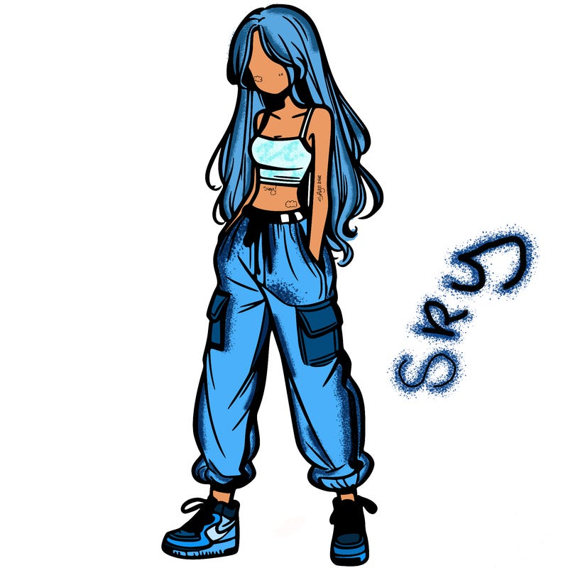 girl in baggy pants crop top and long hair