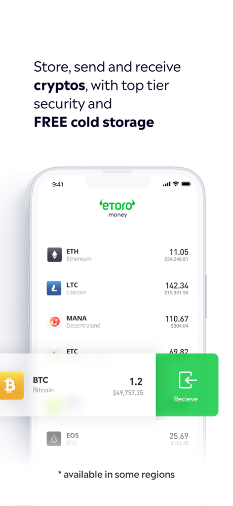 Oberfläche der eToro Money App, die eine Liste von Kryptowährungen wie Bitcoin und Ethereum mit einer auffälligen Empfangen-Schaltfläche anzeigt