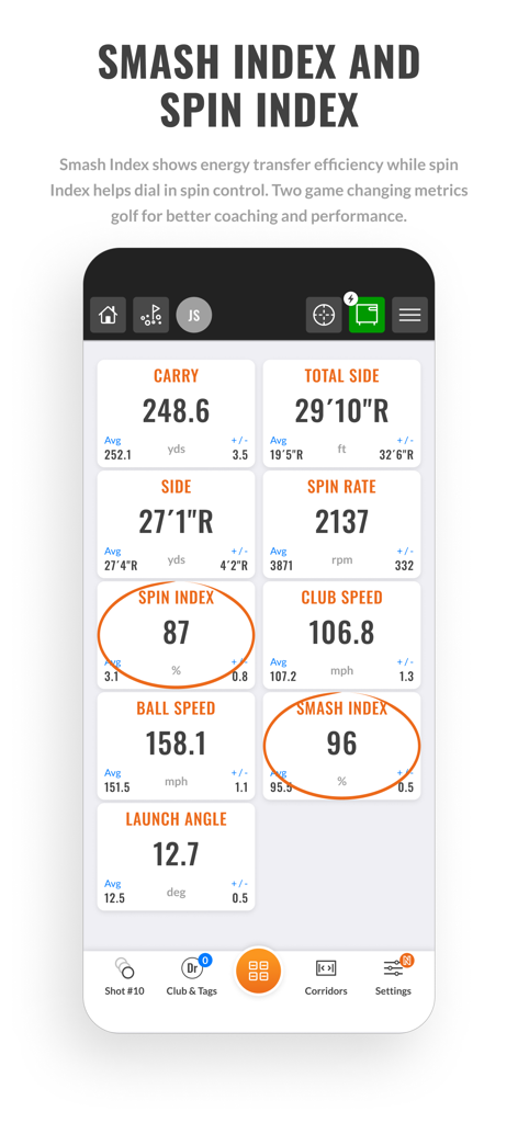 TrackMan Golf Pro - Interface de l'application TrackMan Golf Pro mettant en évidence les métriques de l'indice de smash et de l'indice de spin