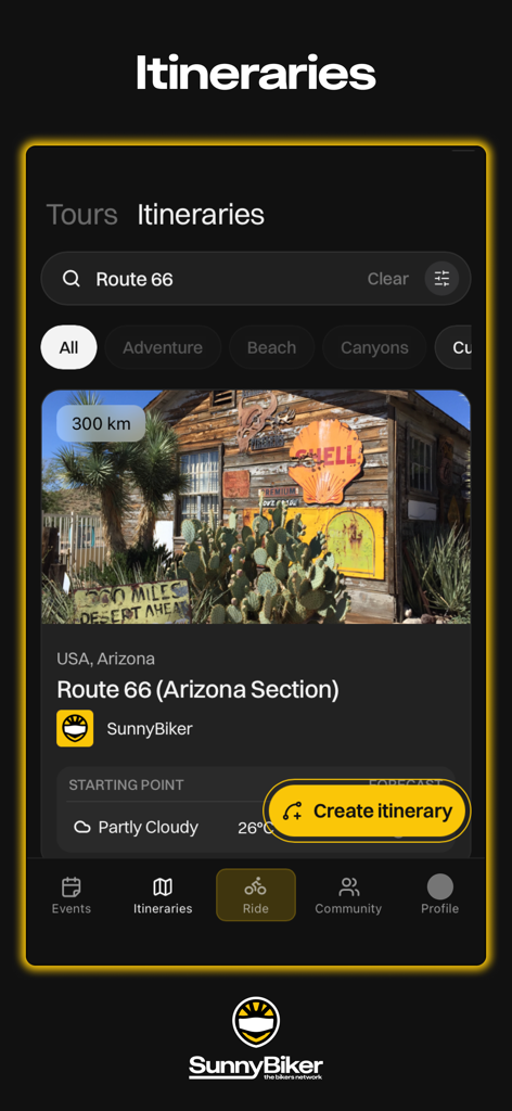 SunnyBiker app screen showing a motorcycle itinerary for Route 66 Arizona with weather details