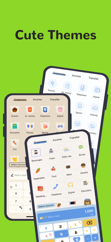 Drei Smartphone-Bildschirme, die verschiedene süße und farbenfrohe anpassbare Themen für die Money Manager Ausgabenverfolgung App zeigen