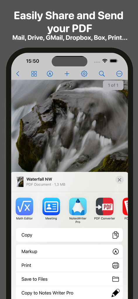 Interfaz de la aplicación FreePDF mostrando opciones de compartir y enviar documentos en un smartphone.