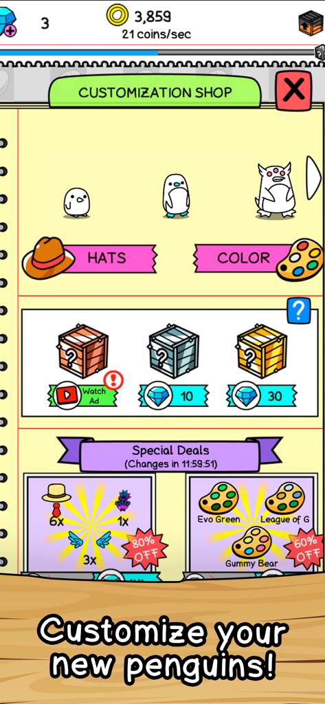 Penguin Merge Evolution - Penguin Merge Evolution customization shop showing hat and color options for penguin characters