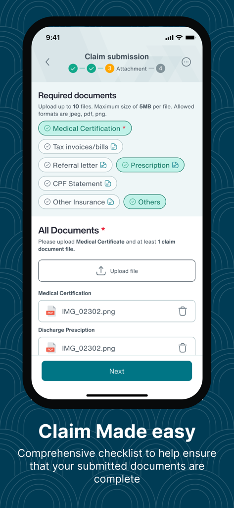 Aon Care plus app screen for claim submission showing a checklist of required medical documents and an upload section