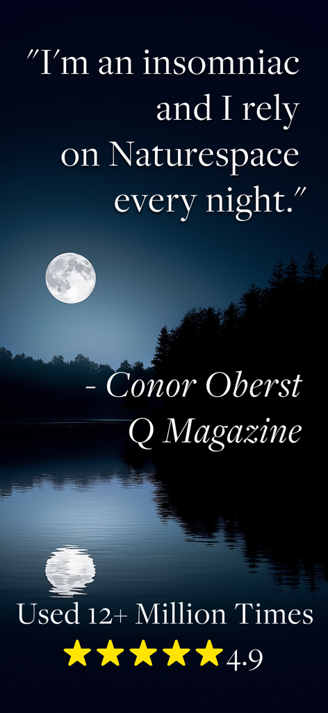 Naturespace Holographic Audio - A testimonial from Conor Oberst about using Naturespace for insomnia, set against a moonlit lake with a 4.9-star rating.
