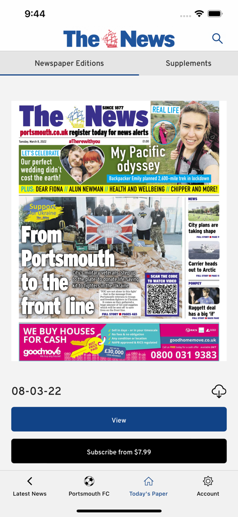 The Portsmouth News Newspaper - Interface of The Portsmouth News app showing the digital newspaper replica front page and subscription options.