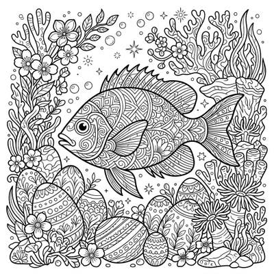Immerse yourself in a unique blend of marine beauty and Easter joy with this intricate adult coloring page. Discover a beautifully patterned reef fish gracefully navigating an underwater landscape adorned with elaborately decorated Easter eggs and blooming coral.
