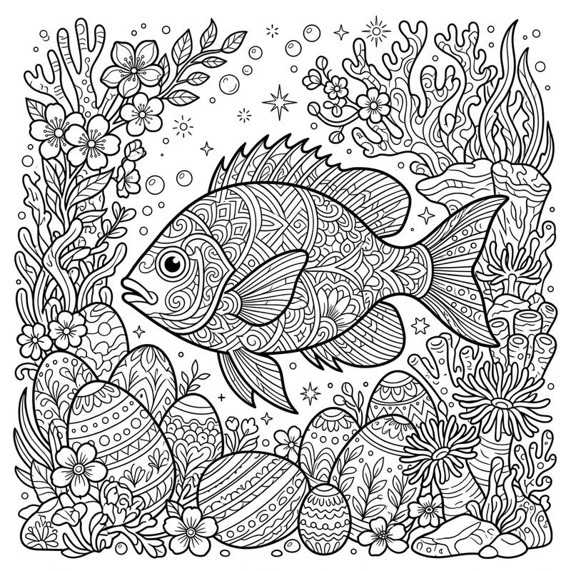Immerse yourself in a unique blend of marine beauty and Easter joy with this intricate adult coloring page. Discover a beautifully patterned reef fish gracefully navigating an underwater landscape adorned with elaborately decorated Easter eggs and blooming coral.