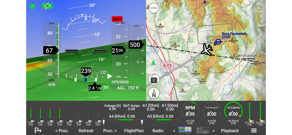 Horizon Portable Glass Cockpit app interface featuring 3D synthetic vision and a moving navigation map for pilots