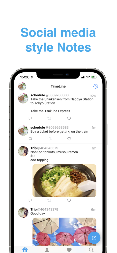TwiNotes - Smartphone screen displaying the TwiNotes app with a social media style timeline of personal notes and photos.