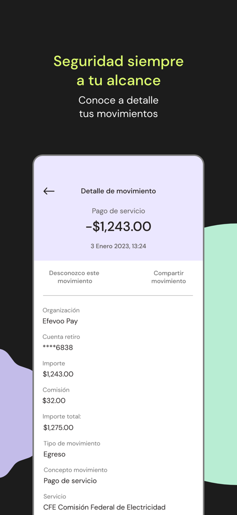 Efevoo Pay - Transaction detail screen in the Efevoo Pay app showing a bill payment in Spanish.