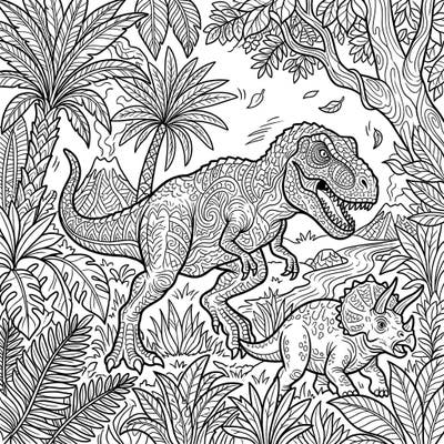 Step into a thrilling prehistoric world with this advanced T-Rex hunting coloring page. Designed for adults, it features a majestic Tyrannosaurus Rex in pursuit of a Triceratops amidst lush, detailed jungle scenery.