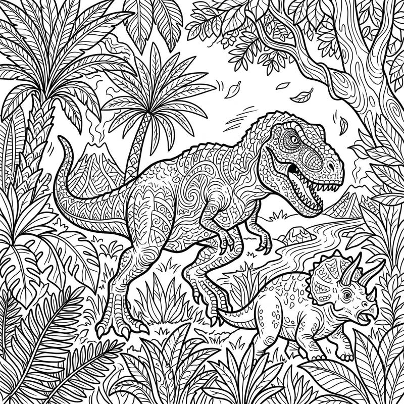 Step into a thrilling prehistoric world with this advanced T-Rex hunting coloring page. Designed for adults, it features a majestic Tyrannosaurus Rex in pursuit of a Triceratops amidst lush, detailed jungle scenery.