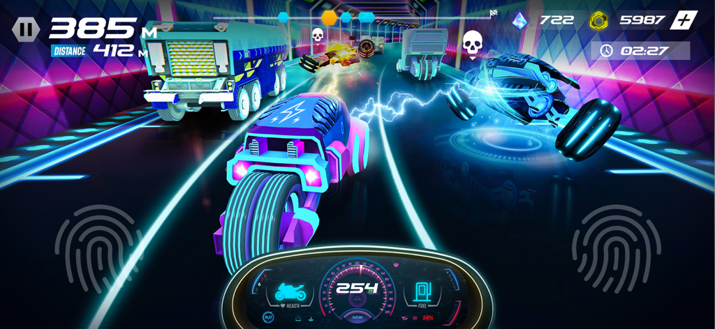 Neon Rider - Xtreme,Stunt,Race - A futuristic neon motorcycle racing through heavy traffic in a synthwave styled tunnel with high speed dashboard UI.