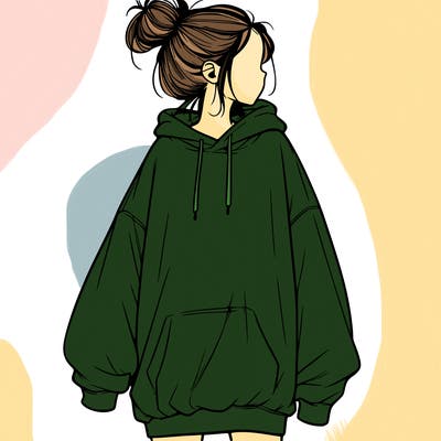 realistic girl with a oversized sweatshirt on and a bun