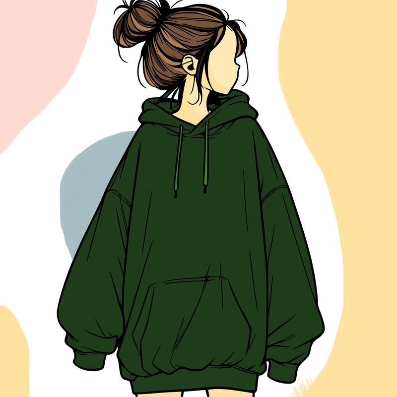 realistic girl with a oversized sweatshirt on and a bun