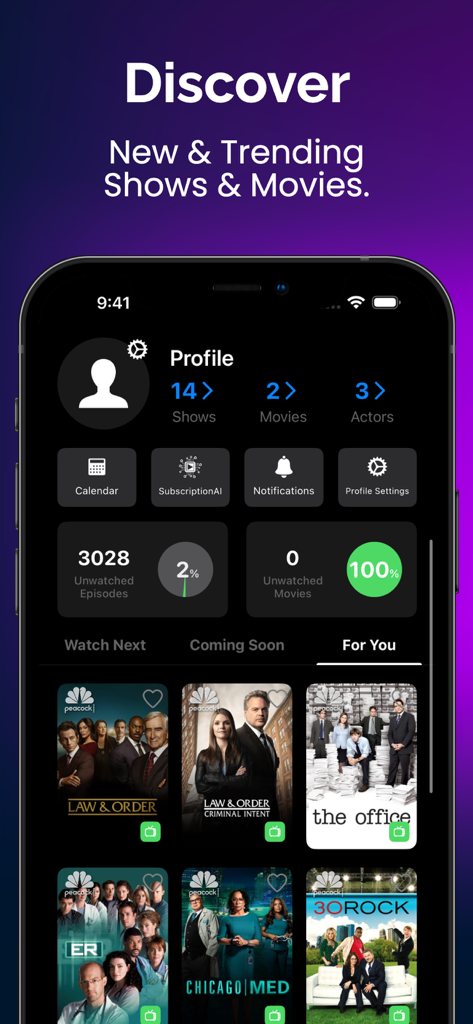 Originals for Peacock TV - Pantalla de descubrimiento de la aplicación Originals para Peacock TV mostrando programas de tendencia y estadísticas de visualización del usuario
