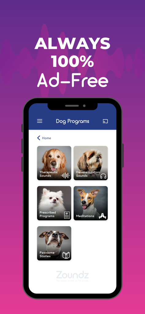 Zoundz Pet Anxiety Therapeutic - Zoundz app screen showing various dog anxiety relief programs like therapeutic sounds and meditations