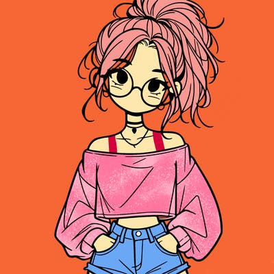 girl with a messy ponytail glasses a baggy crop top and jean shorts