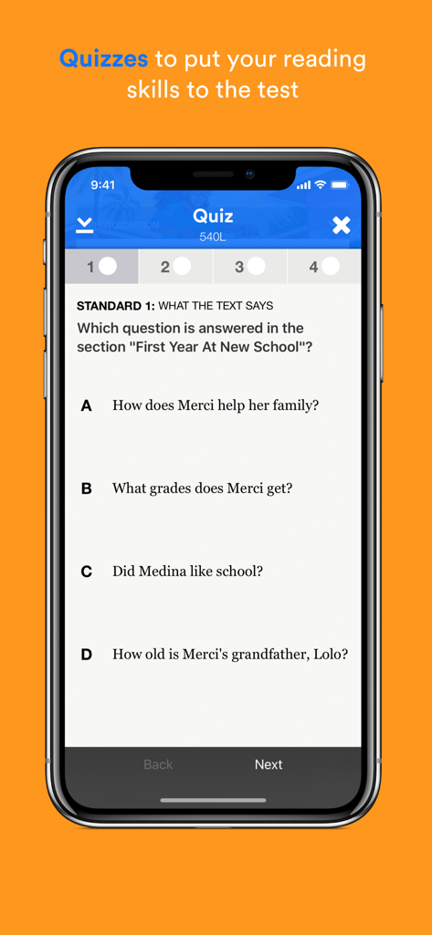 Newsela Student - Una pantalla móvil que muestra un cuestionario de comprensión lectora con preguntas de opción múltiple en la aplicación Newsela Estudiante.