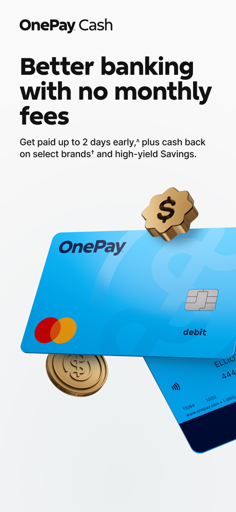 OnePay – Mobile Banking - OnePay 모바일 금융 앱 홍보 화면, 월 수수료 없음, 조기 급여 지급, 파란색 직불 카드 강조