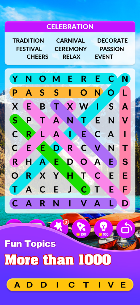 Word Search Master! - Uma tela de quebra-cabeça de busca de palavras do Word Search Master com palavras temáticas de celebração e um cenário natural pitoresco