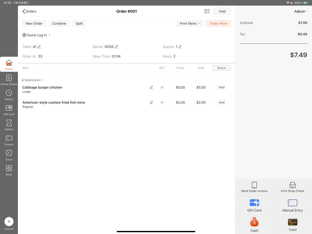 Shop POS - Station - Interfaz de gestión de pedidos del punto de venta de restaurante en iPad de Shop POS Station que muestra artículos y opciones de pago