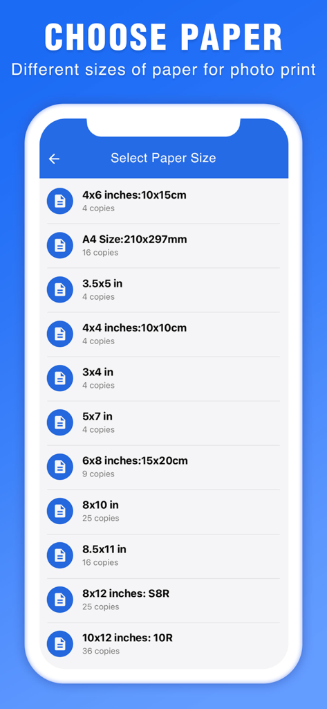 A mobile screen showing various paper size options for printing ID and passport photos